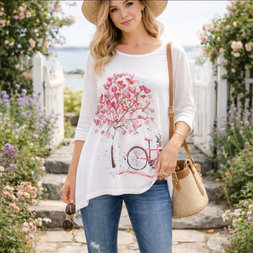 NEW Mac & Belle Valantine Artsy painted look heart tree w/ bicycle scoop neck M - Picture 1 of 13